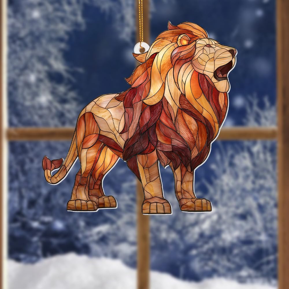Lion Stained Glass Ornament Acrylic Window Hanging Sun Catcher – Wildlife Animal Decor for