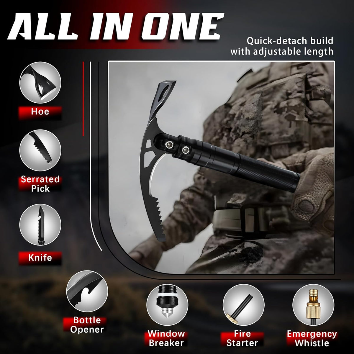 Pick Axe 8 in 1, Folding Pickaxe Mattock with Multi-Purpose Garden Hoe and Survival Knife