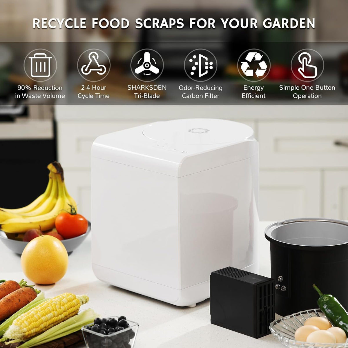 Airthereal Revive R500 Electric Kitchen Composter, SHARKSDEN® Tri-Blade, Turn Food Waste and Scraps
