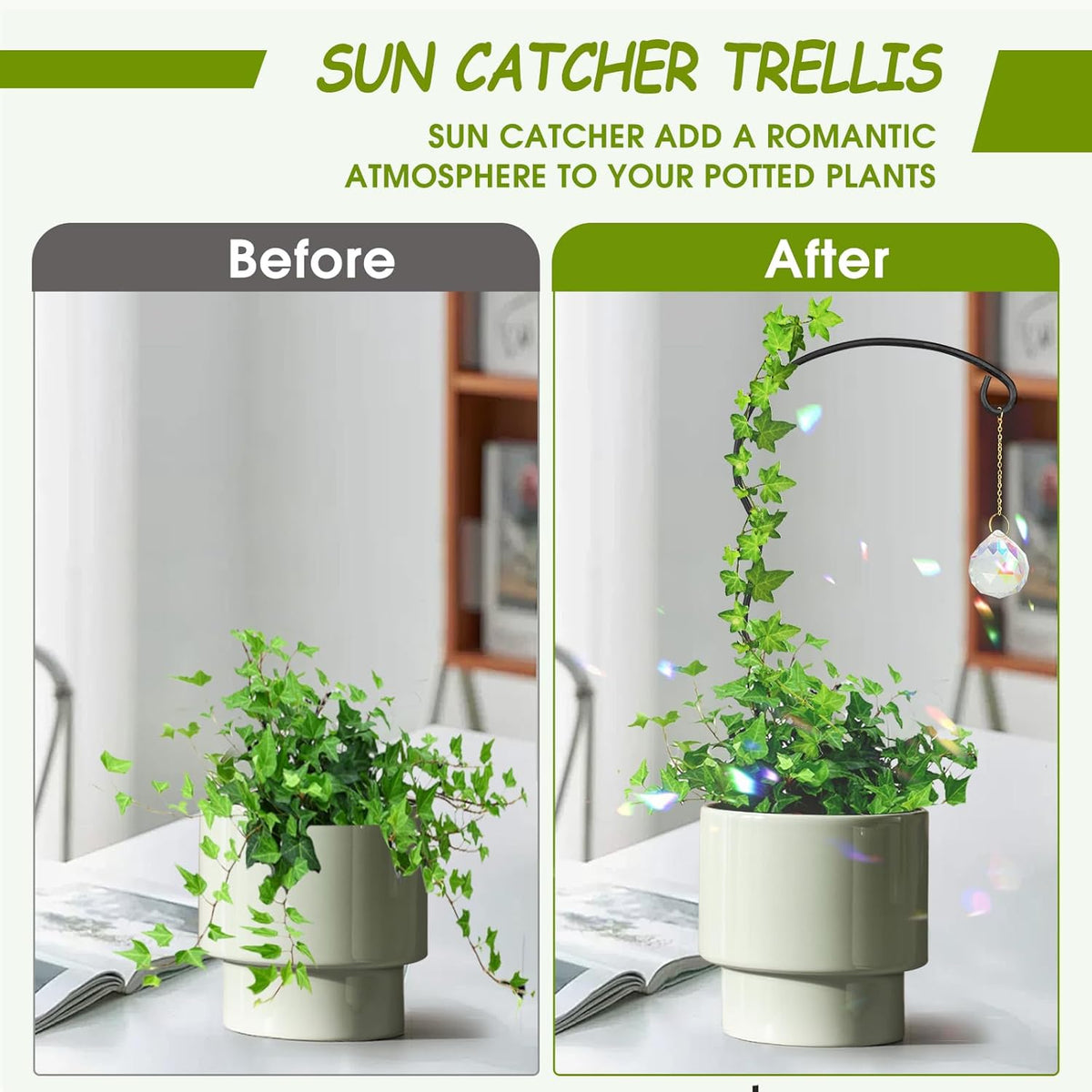 Plant Trellis for Potted Plants with Colorful Crystal Sun Catcher, 17.5 Inch Metal Plant Stakes for