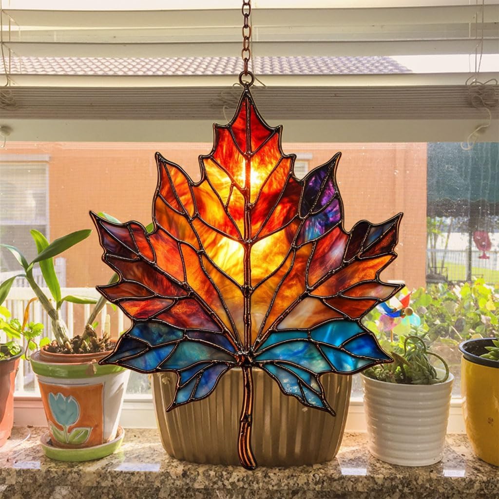 Maple Leaf in Autumn Acrylic Suncatcher Stained Glass Effect Window Car Hanging Christmas Ornament