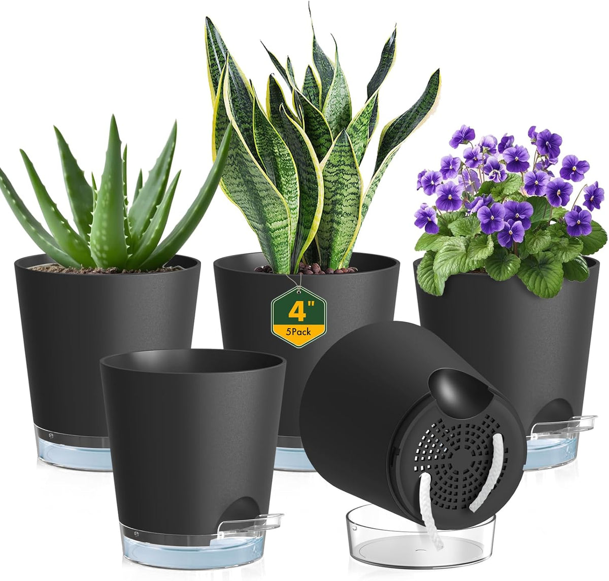 4 inch Self Watering Pots for Indoor Plants, 5 Pack Small Flower Plant Pots with Drainage Holes and