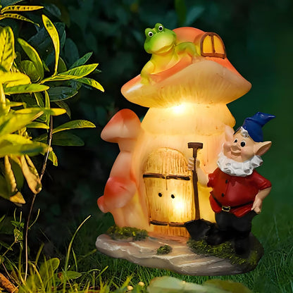 VINIUSIKI Garden Statues Mushroom House Gnome with Solar Light, LED Outdoor Fairy House Statue for