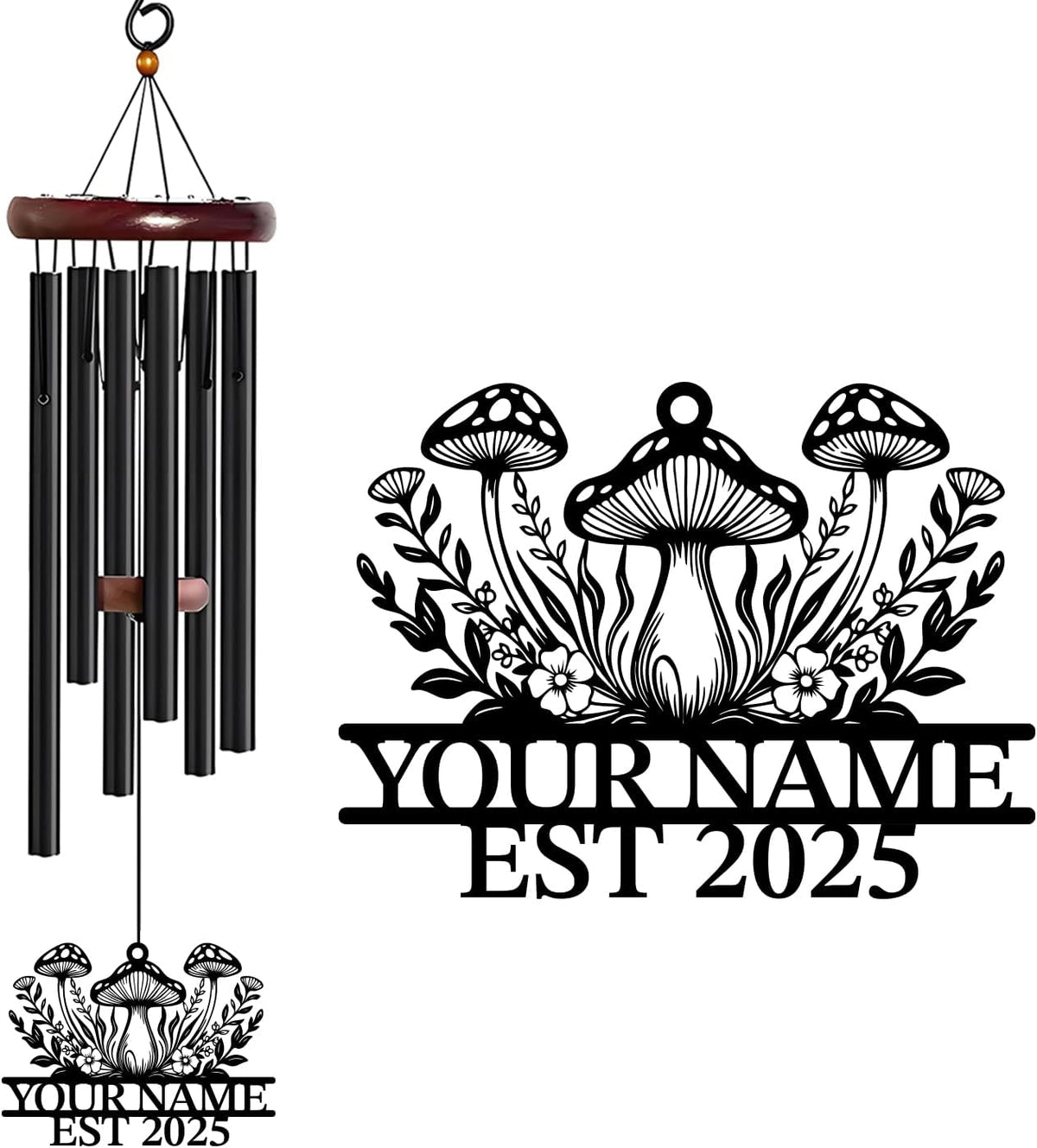 Personalized Customize Name Fantasy Mushroom Wonderland Wind Chime, Metal Iron 37 Inch Outdoor