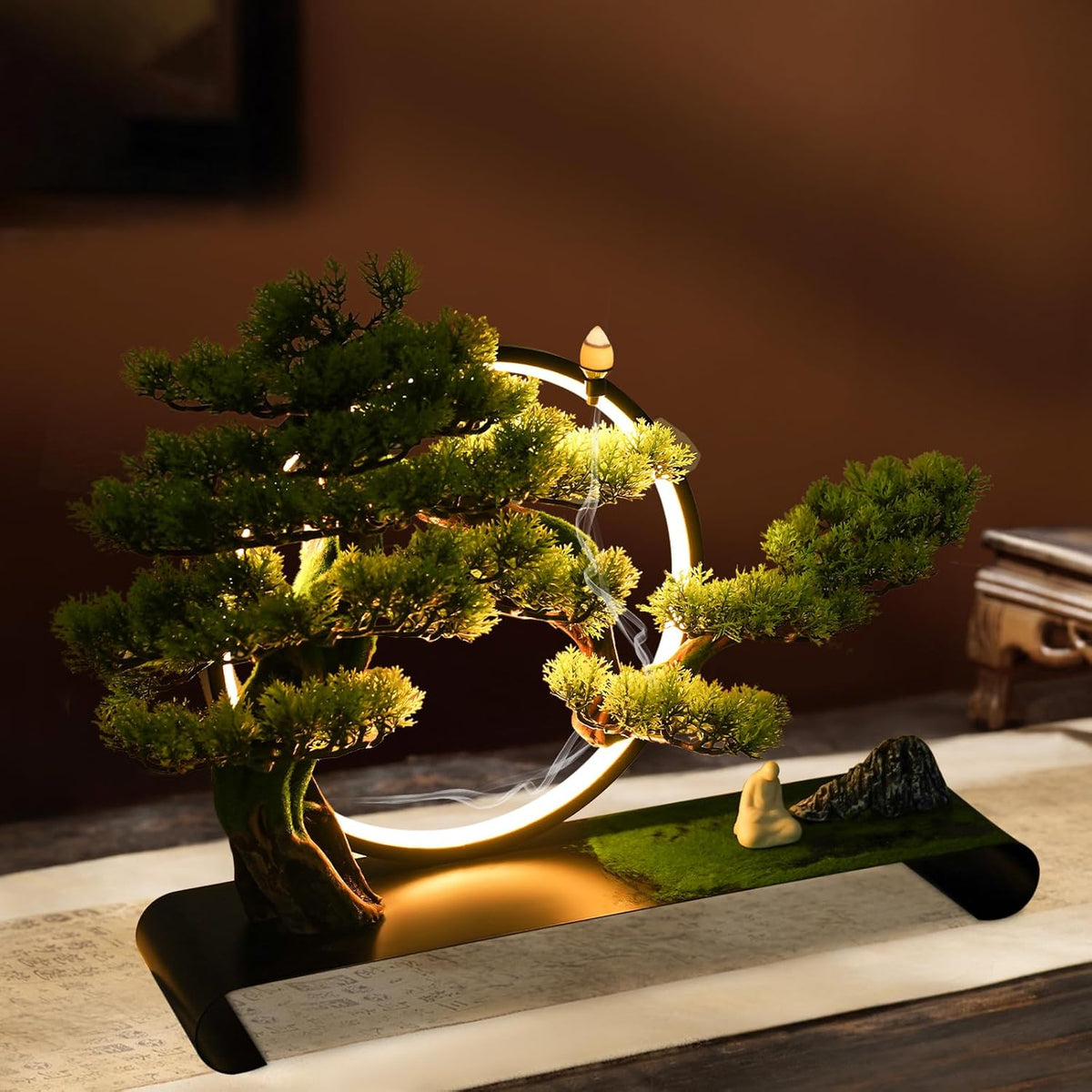 Artificial Bonsai Pine Tree Faux Realistic Simulation Bonsai with LED Lamp Ring Fake Plants Desk