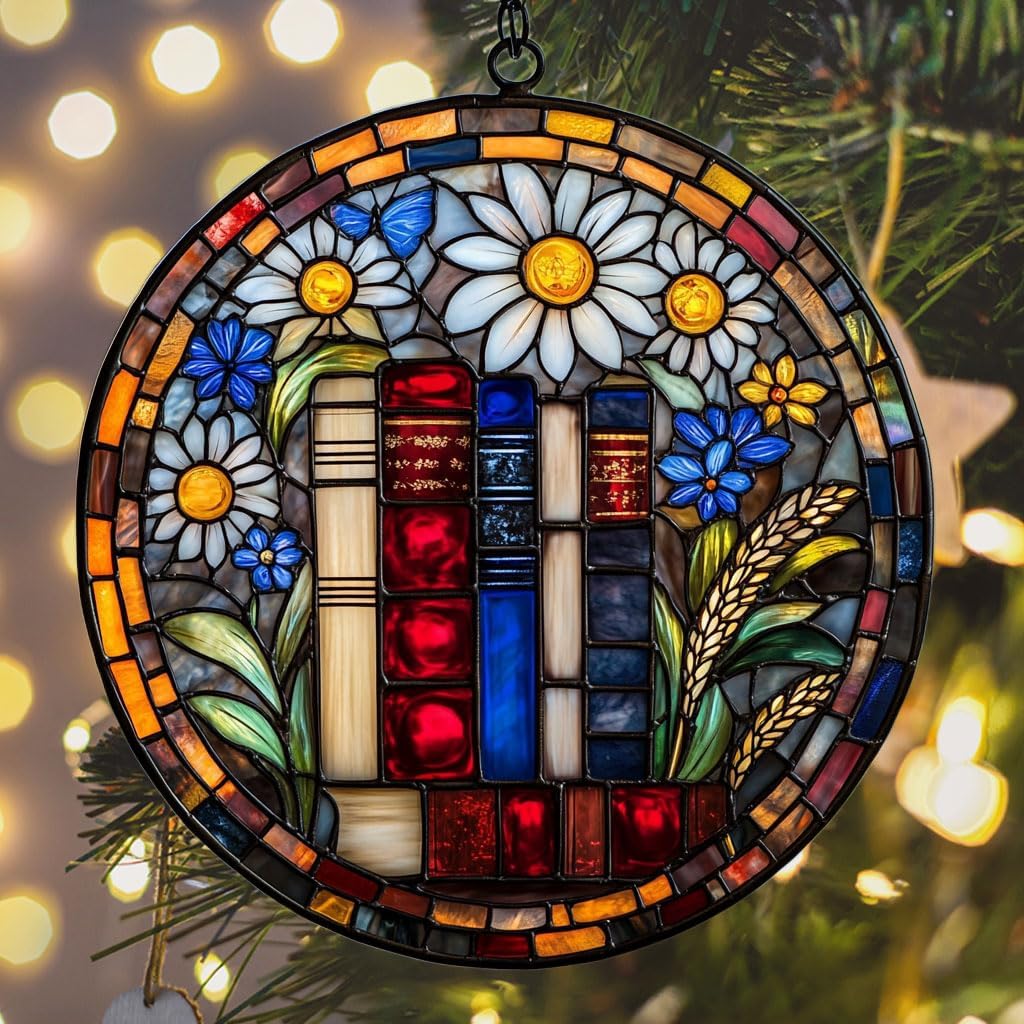 Floral Stack of Bookks Acrylic Suncatcher Stained Glass Effect Window Car Hanging Christmas