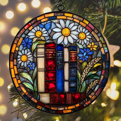 Floral Stack of Bookks Acrylic Suncatcher Stained Glass Effect Window Car Hanging Christmas