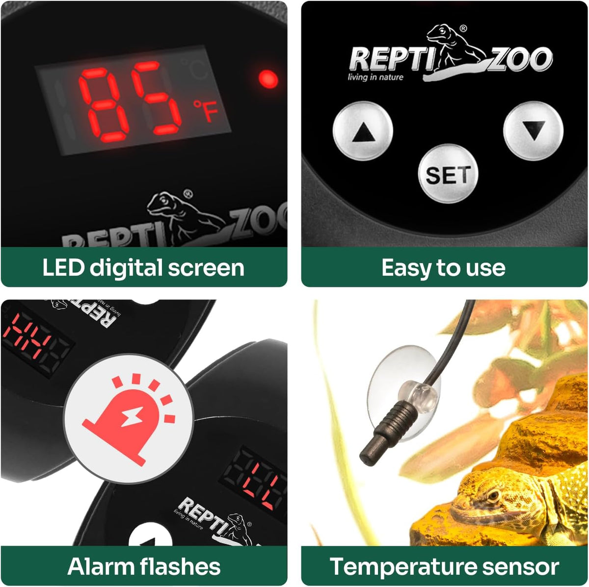 REPTI ZOO Reptile Light Fixture Dimming Thermostat Combo Pack, 8.5 Inch Deep Dome Lamp Fixture Max