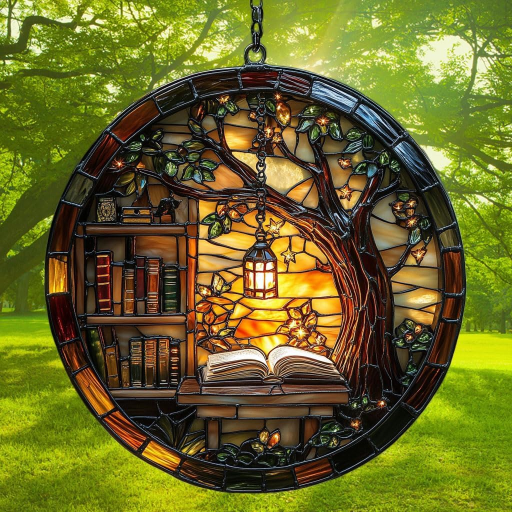 Forest Library Bookshelves Acrylic Suncatcher Stained Glass Effect Window Car Hanging Christmas