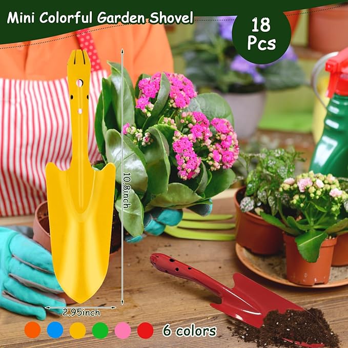 18 Pcs Colorful Garden Shovels Small Metal Hand Trowel Set for Gardening Teens Adults Mini Digging