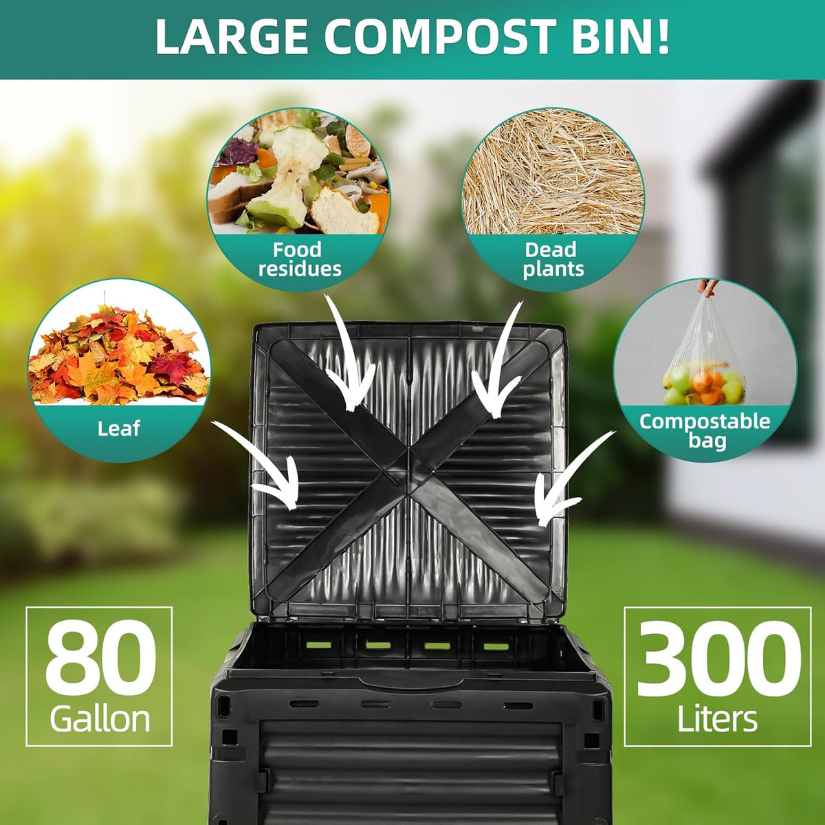Compost Bin Outdoor 80 Gallon (300L) Large Compost Bin Composter with w/Top Flip Latch-on Lid