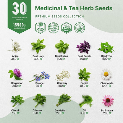 Organo Republic 30 Medicinal & Tea Herb Seeds Variety Pack 15,560+ Non-GMO Heirloom Garden Seeds
