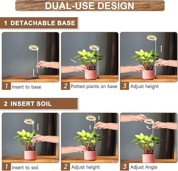 Grow Lights for Indoor Plants, 48 LEDs Full Spectrum Plant Grow Light, Height Adjustable Faux Wood