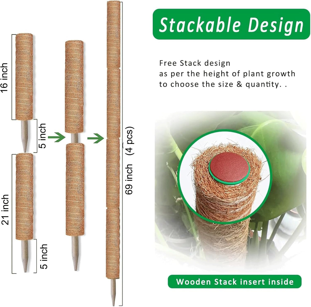 Moss Pole, 4Pack 21 Inch Plant Support Stakes for Indoor Plants, Monstera Plant Support Stakes, 69