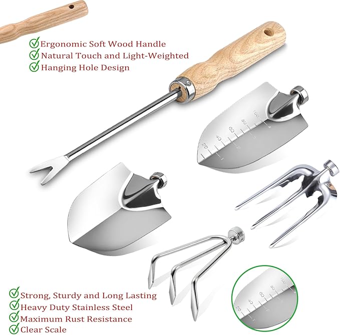 14 PCS Garden Tool Set with Soil Moisture Meter, Stainless Stell Heavy Duty Gardening Hand Tools