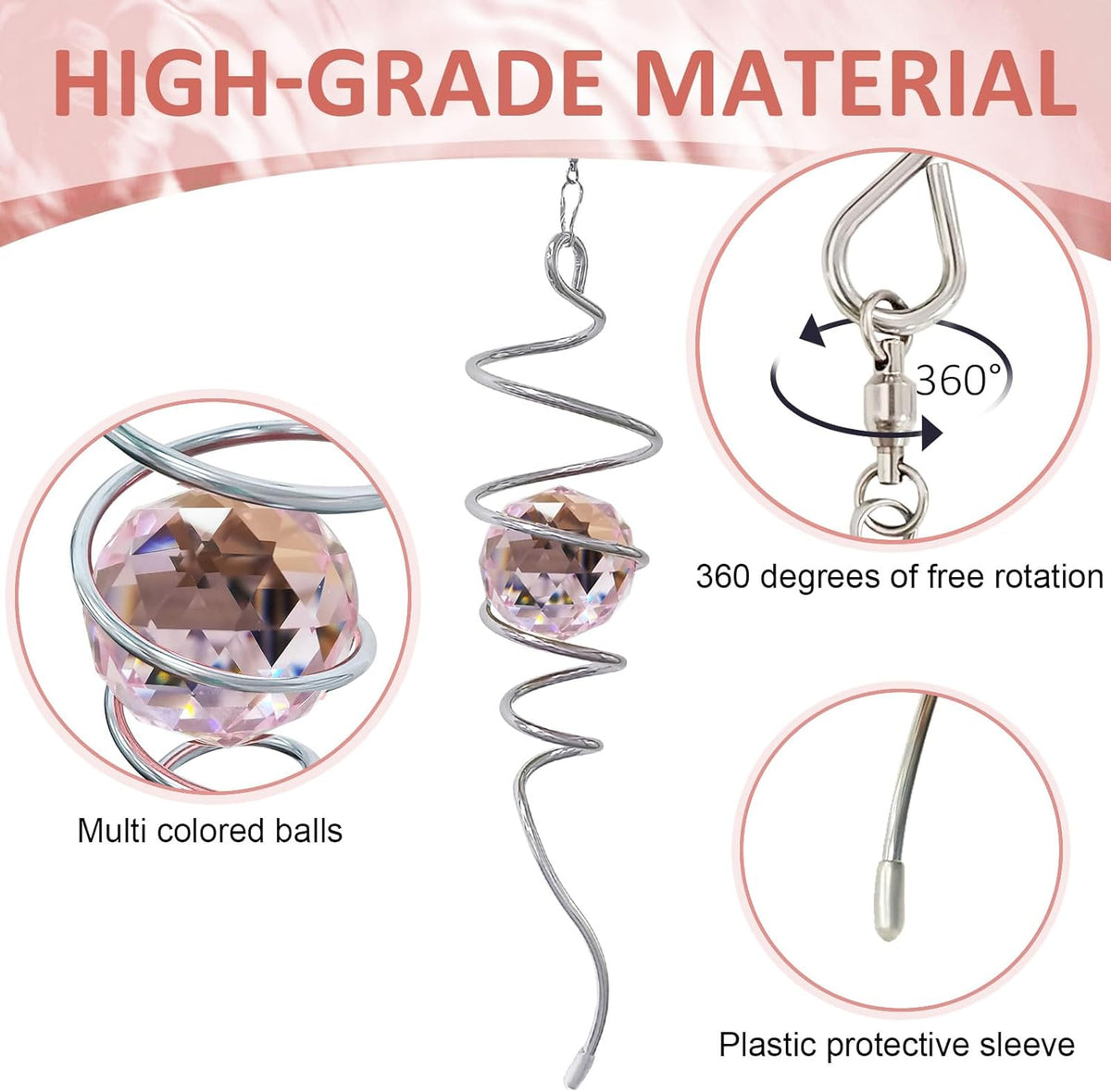 Gazing Ball Spiral Tail with Pink Crystal Orb | Sparkling Wind Spinner Stabilizer, Sun Catcher