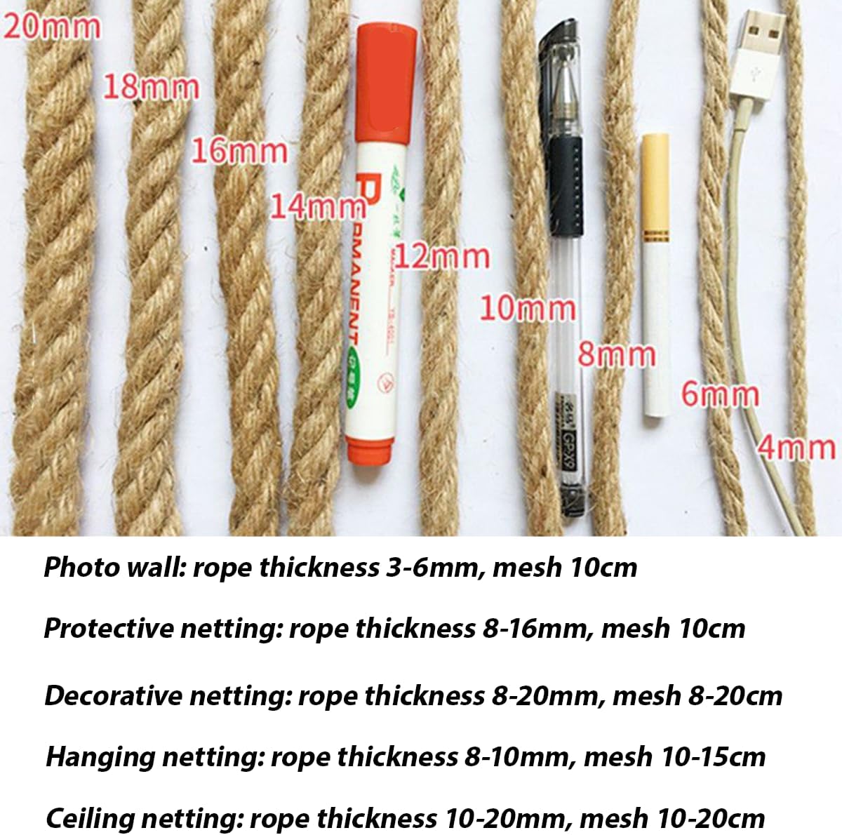Natural Jute Hemp Rope Net,8mm Thick Safety Anti-Fall for Children Pet,Balcony Stairs Garden