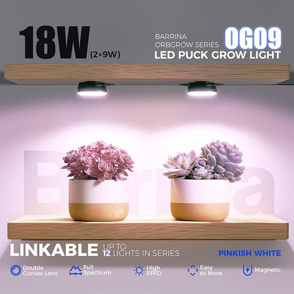 Barrina Orbgrow OG09 Puck LED Grow Light, Pinkish White 18W(2 x 9W, 270 Watt Equiv), Plant Lights