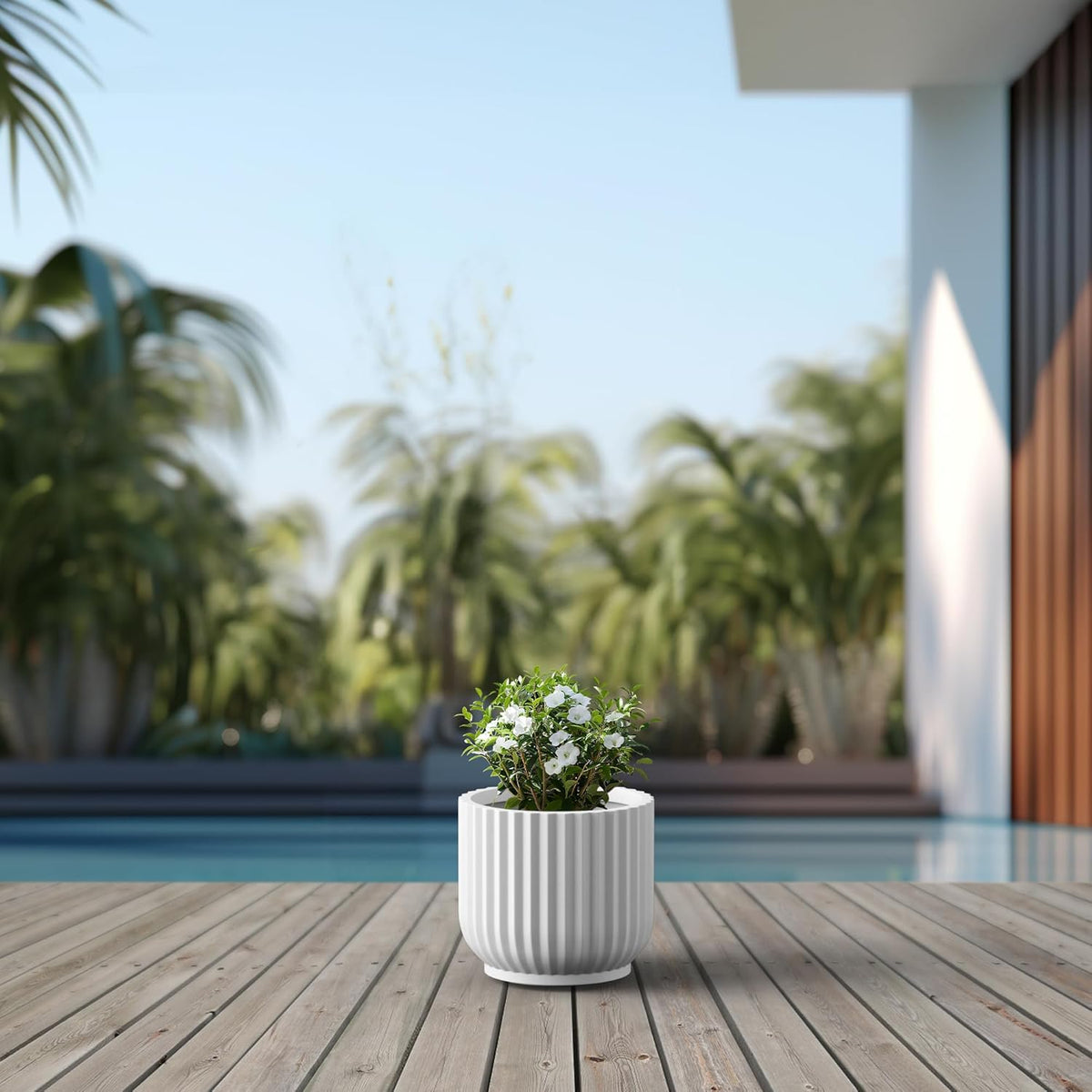 Kante Round Fulted Planter, 14 Inch Dia Large Concrete Plant Pots with Drainage Hole and Rubber