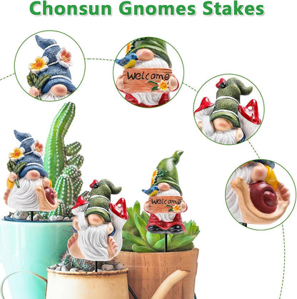 Garden Gnomes Stakes 3 Inch Plant Decorations for Pots Outdoor Statues Indoor 3 Pack Large Garden