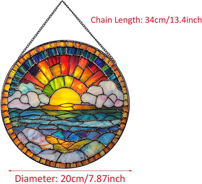 20cm/7.87inch Hanging Stained Glass for Windows,Sunrise Stained Glass Suncatcher Garden Hangings