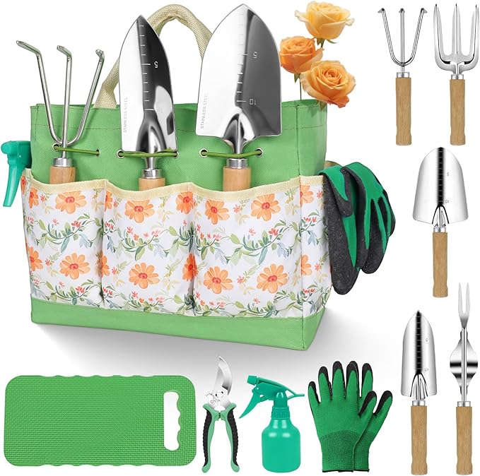 Gardening Tools 10-Piece Heavy Duty Stainless Steel Hand Tools with Durable Garden Tools Storage