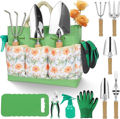 Gardening Tools 10-Piece Heavy Duty Stainless Steel Hand Tools with Durable Garden Tools Storage