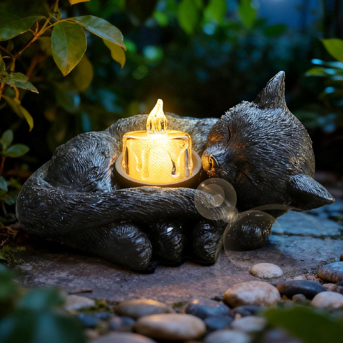 Sleeping Cat Candle Holder Statue Realistic Resin Cat Figurine with Candle Tray Outdoor Garden