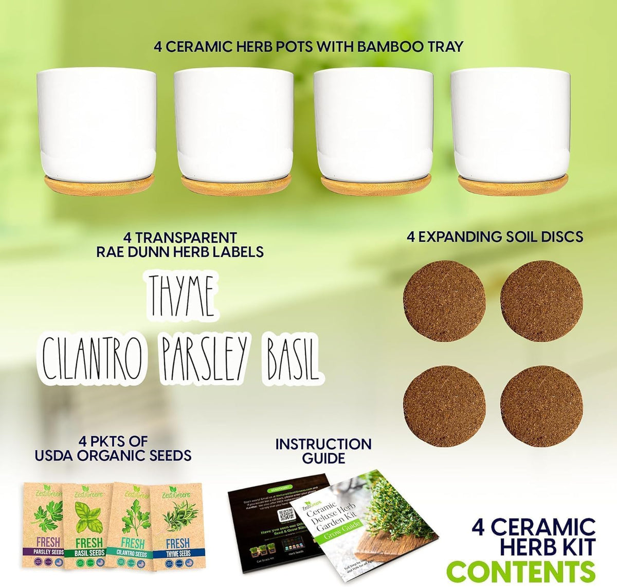 Deluxe Ceramic Indoor Herb Kit 4 Set. Variety Herbs for Indoor & Outdoor – Get Growing with Pots