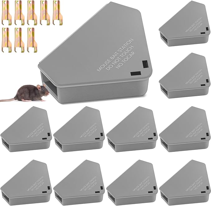 Qualirey 12 Pcs Mice Station with Key Triangle Bait Station Reusable Rodent Trap Bait Box, Keeps