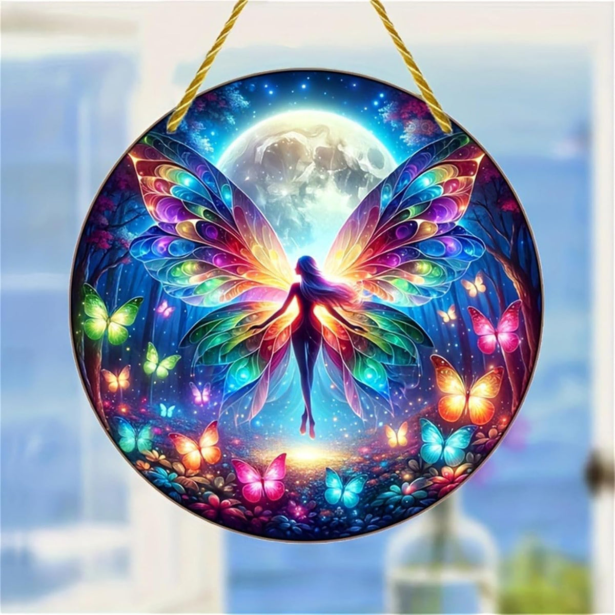 Butterfly Stained Suncatchers for Windows Forest Moon Fairy Hanging Stained Acrylic Panels, Kitchen