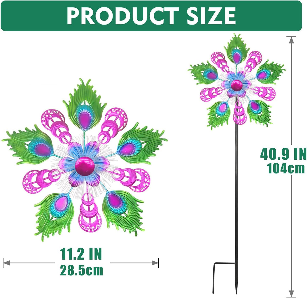 Solar Peacock Wind Spinners for Yard & Garden - 40 Inch Metal Wind Sculpture, Kinetic Windmill with