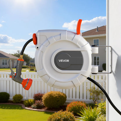 VEVOR Retractable Garden Hose Reel, 1/2 in x 50 ft, Wall Mounted Hose Reel with 9-Function Sprayer