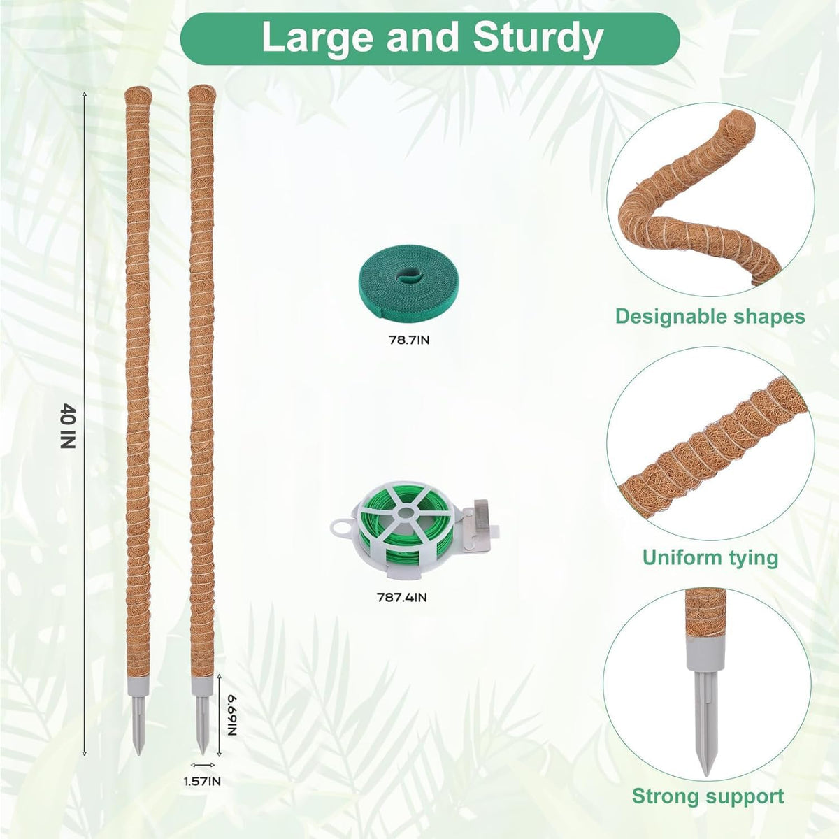 2 Pack Moss Pole, 40 Inch Monstera Plant Support, Moss Poles for Climbing Plants Indoor DIY, Coco