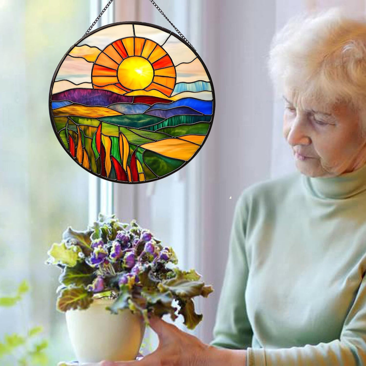 Sunrise Hanging Stained Glass for Windows,20cm/7.87inch Stained Glass Suncatcher Garden Hangings