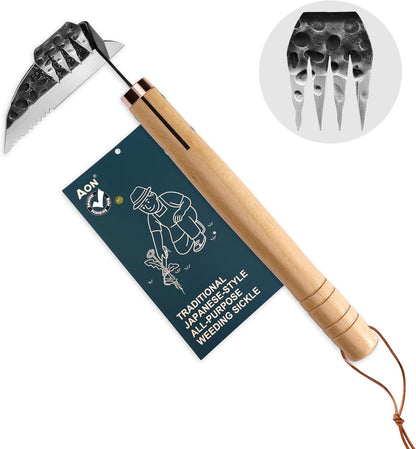 AON All-Purpose Japanese Weeding Sickle & Razor Hand Hoe, Forged Steel Weed Puller Tool with Sharp