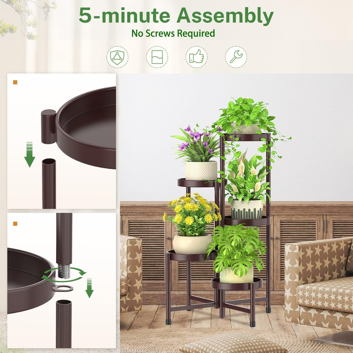 iDavosic.ly Plant Stand Indoor Outdoor, 5 Tier Corner Metal Flower Display Holder Shelf, Folding