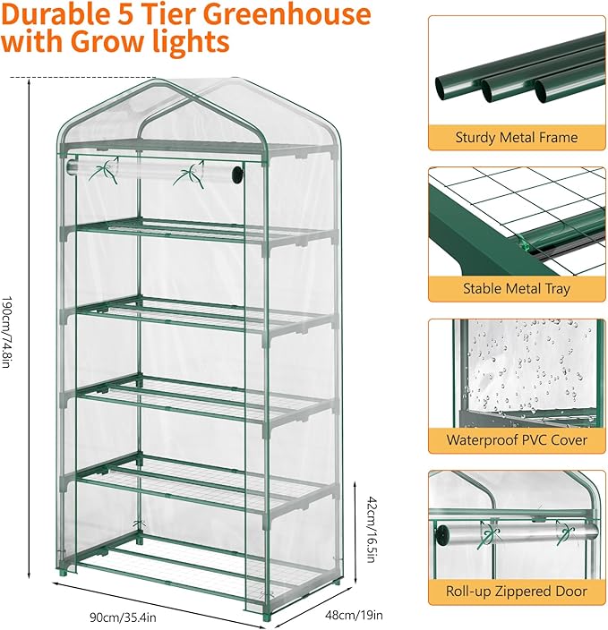 Indoor Greenhouse with Grow Light, 5-Tier Mini Greenhouse 35.4"x19"x74.8" Small Greenhouse with