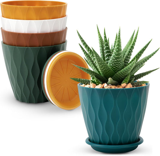 4 inch Plant Pots, 5 Pack Flower Pots Outdoor Indoor, Planters with Drainage Holes and Tray