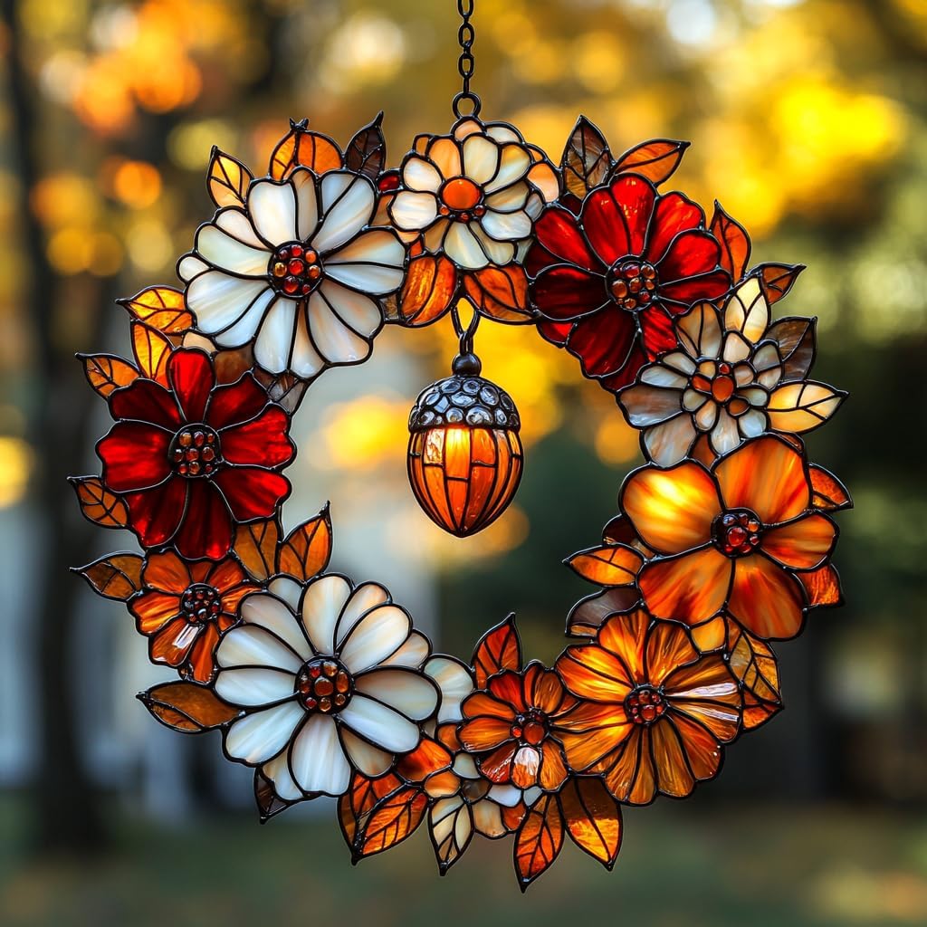 Autumn Floral Wreath Acrylic Suncatcher Stained Glass Effect Window Car Hanging Christmas Ornament