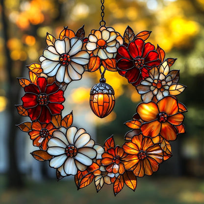 Autumn Floral Wreath Acrylic Suncatcher Stained Glass Effect Window Car Hanging Christmas Ornament
