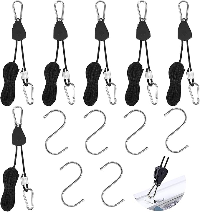 Grow Light Rope Hanger 3Pairs，1/8" 8-Feet Long Heavy Duty Adjustable Rope Clip Hanger, Adjustable