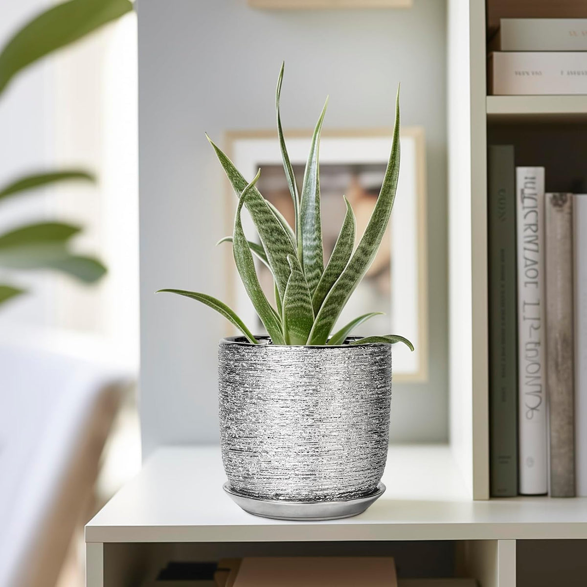 Ceramic Plant Pot 5 Inch - Indoor Planter with Drainage Hole and Saucer, Round Modern Flower Pot