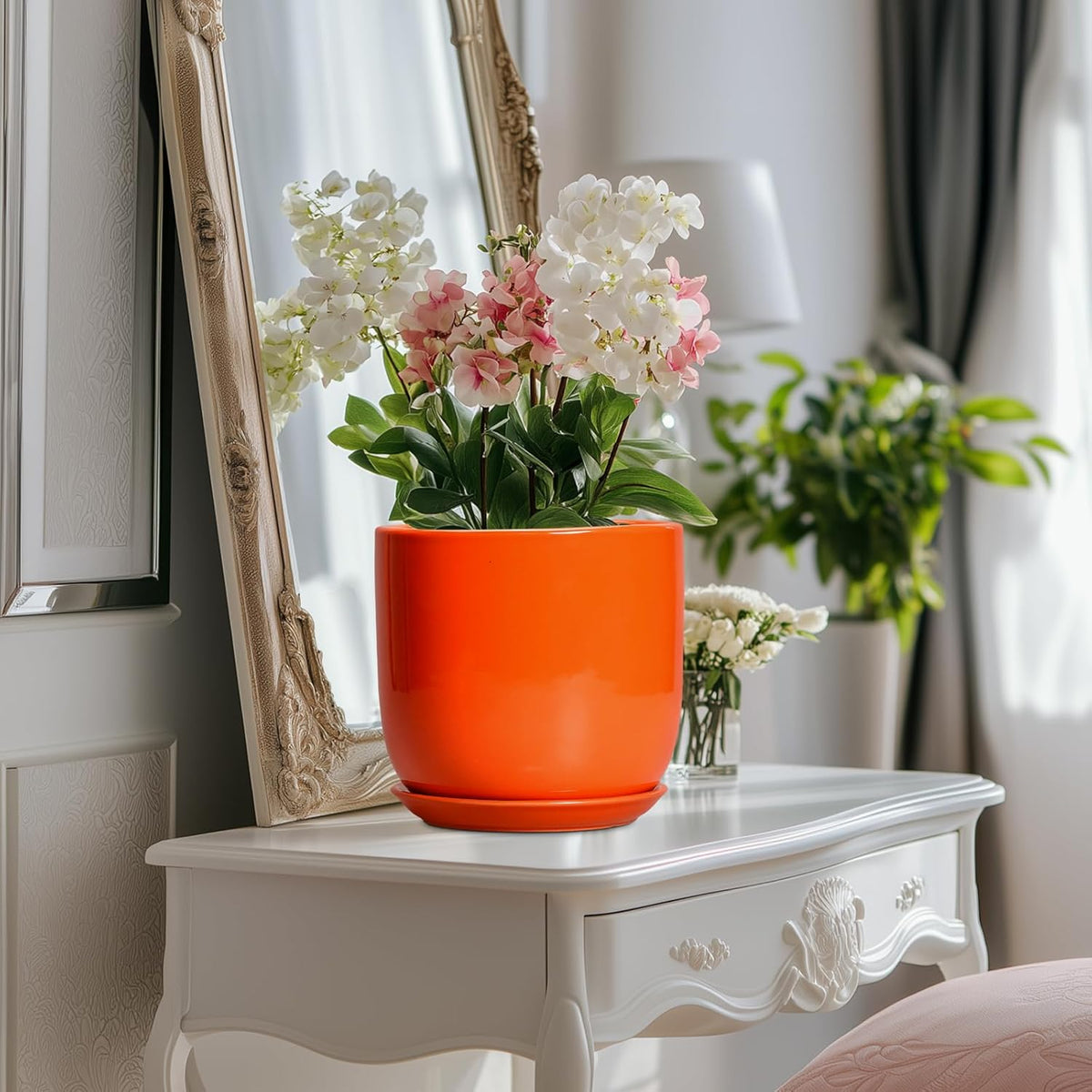 Ceramic Pot for Plants - 8 Inch Plant Pot with Drainage Hole and Saucer, Cylinder Modern Round