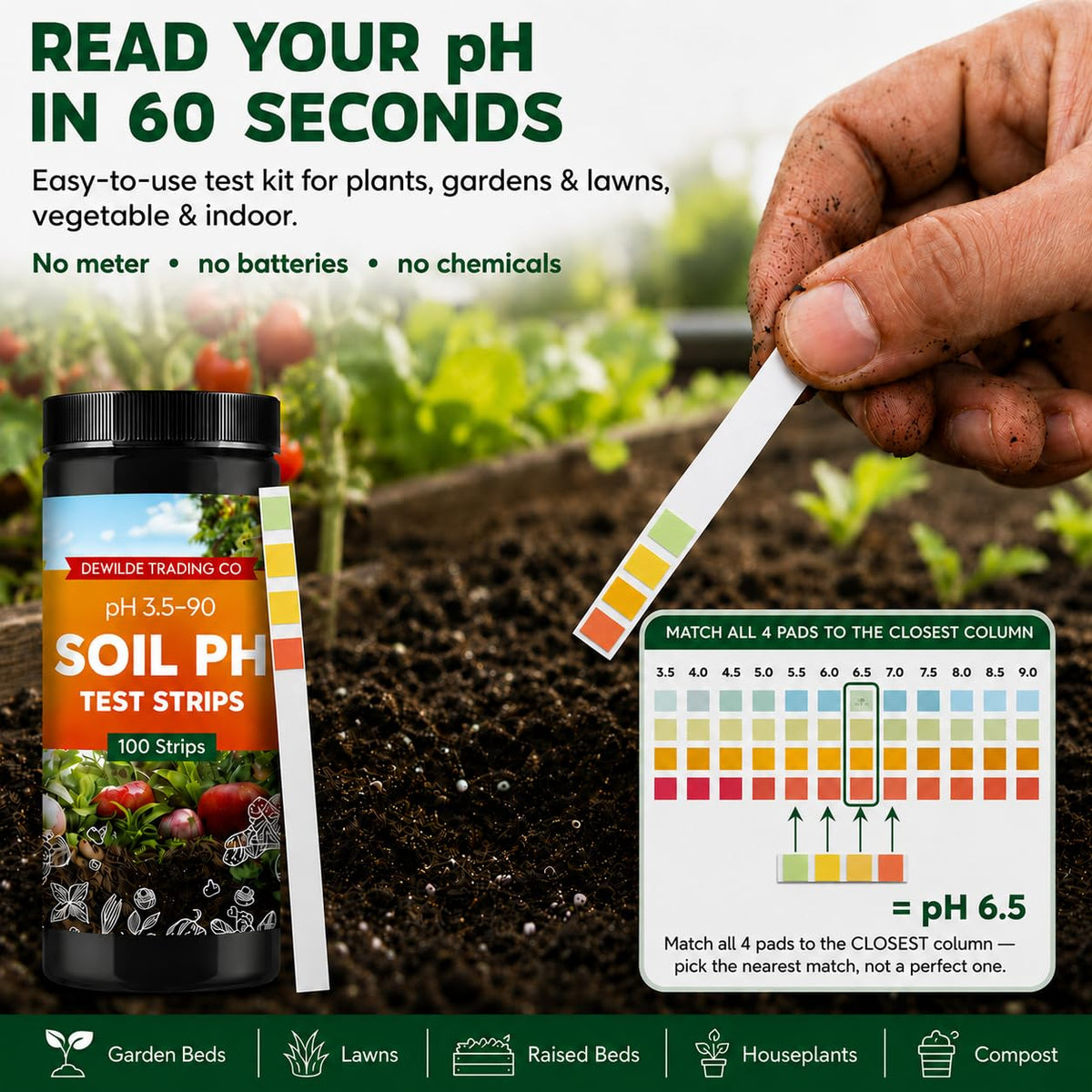 Soil Test Kit – 100 Soil pH Test Strips (3.5–9 Range) for Garden, Lawn & Indoor Plants – Easy