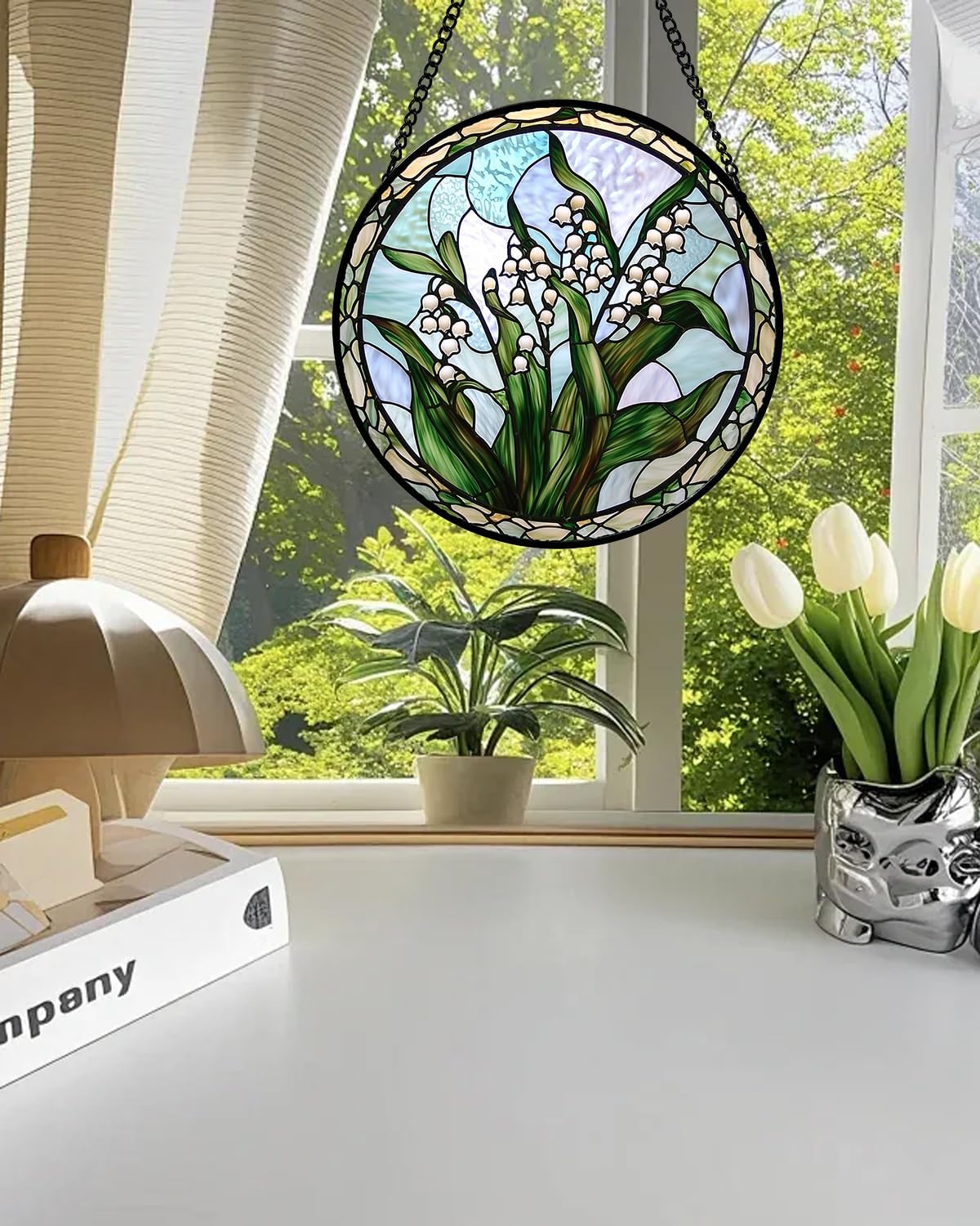 Stained Glass Window Hanging, White Green Lily of The Walley Flowers Sun Catcher for Door Home