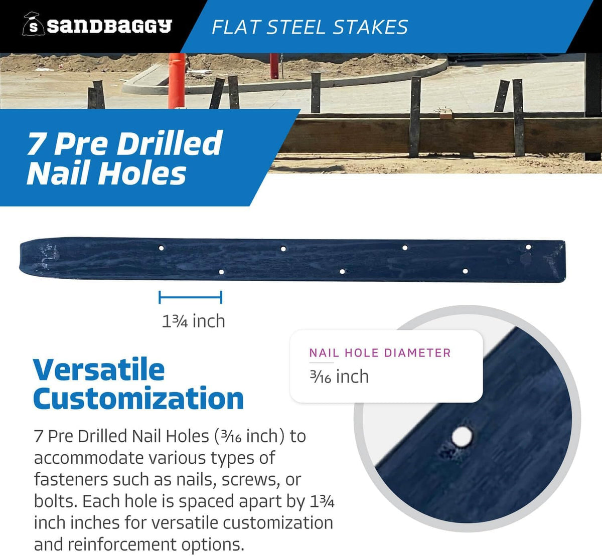 Sandbaggy Flat Steel Stakes for Concrete Forms with Nail Holes - 1.5" Wide - Painted - Removable