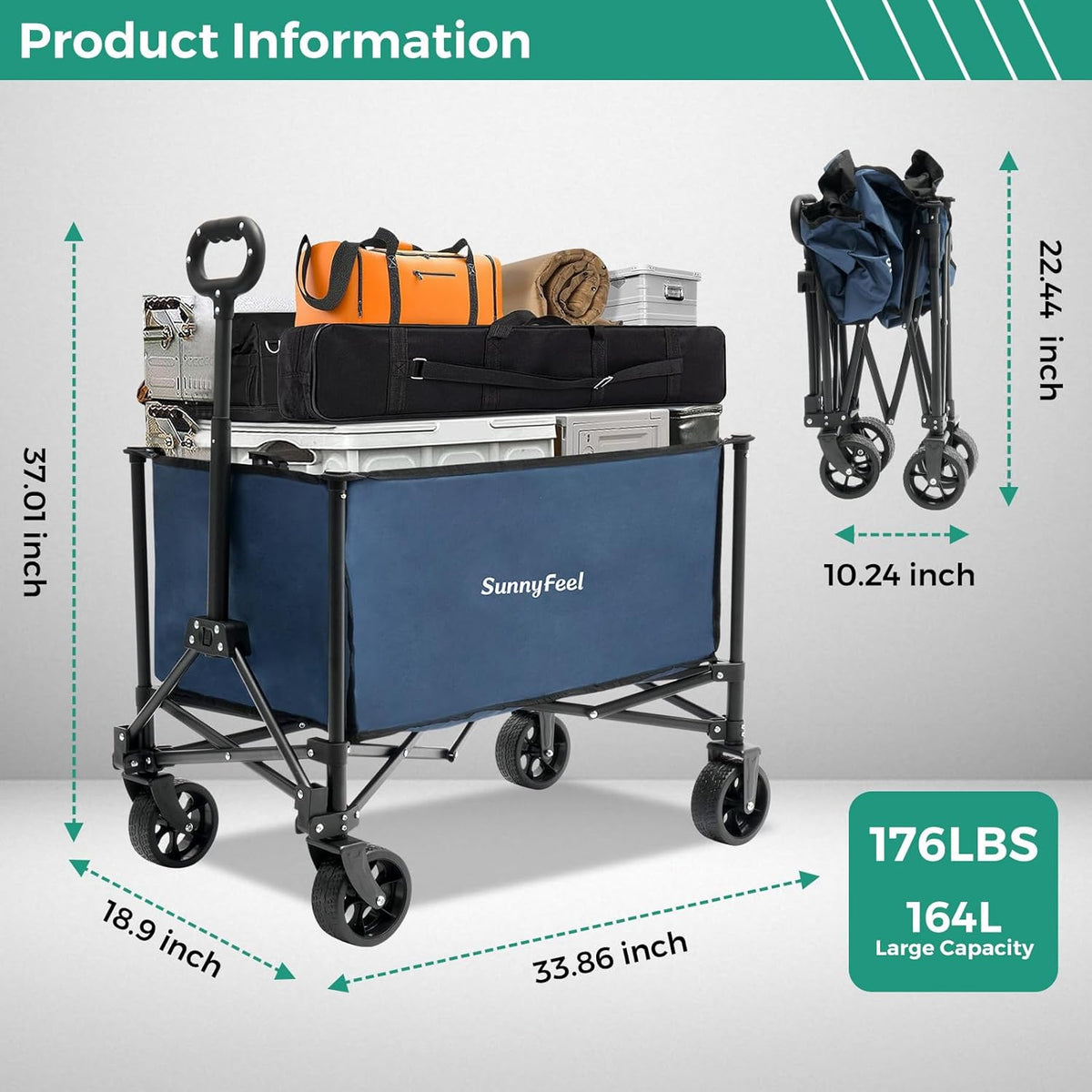 SUNNYFEEL Collapsible Wagon Cart with Wheels Foldable - 176lbs Standard Borderless Version Wagon