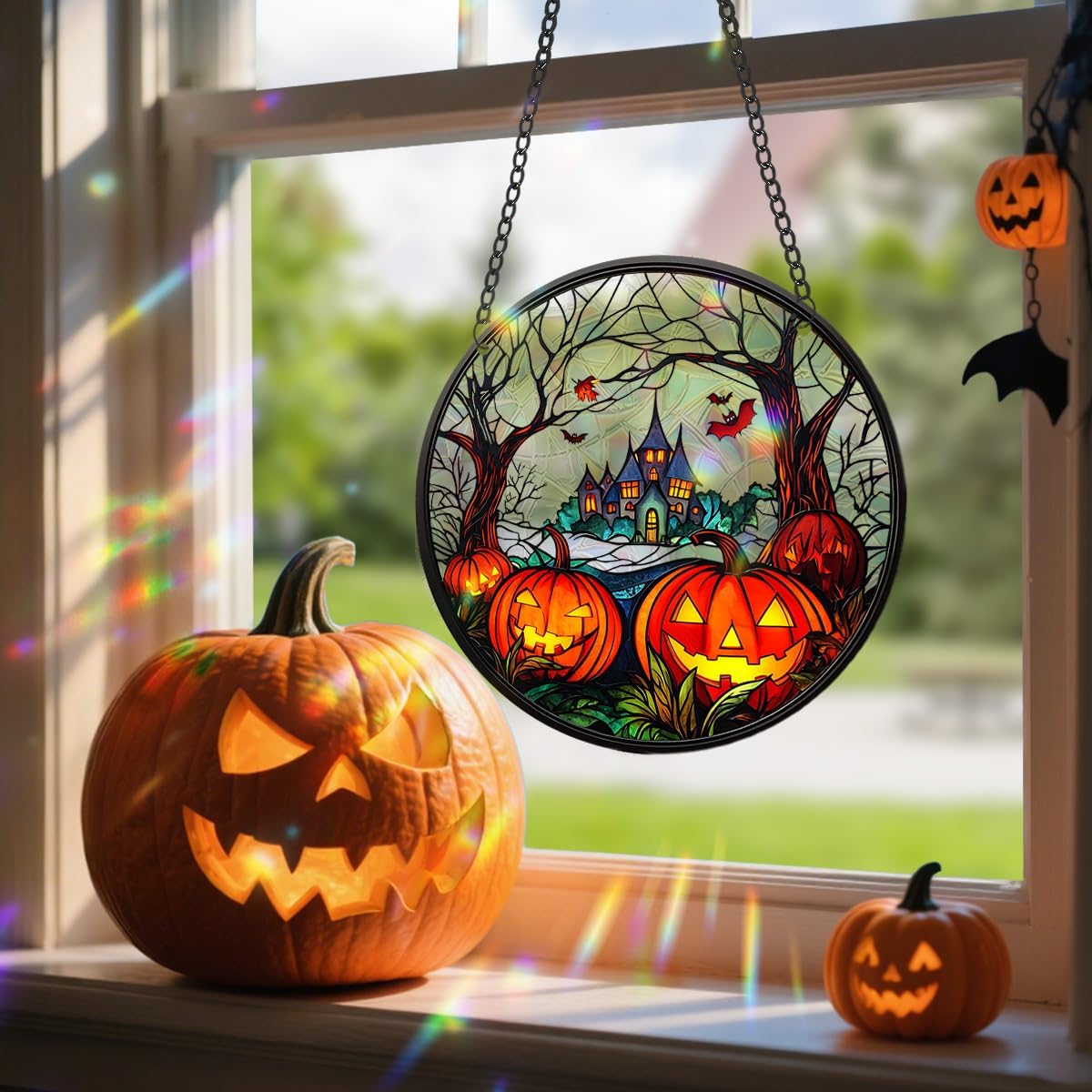 Halloween Sun Catcher - 8 Inch Round Suncatcher for Window Hanging Decoration - Creates Indoor