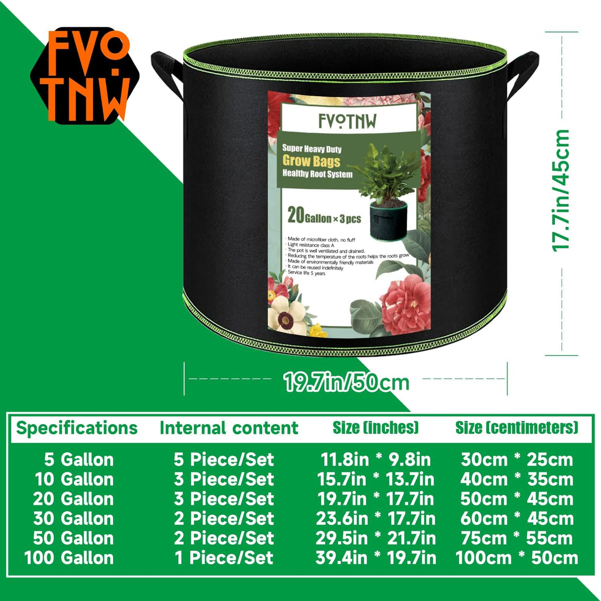 3-Pack 20 Gallon Grow Bags, Thickened Nonwoven Fabric Pots with Handles,Durable Garden Planters